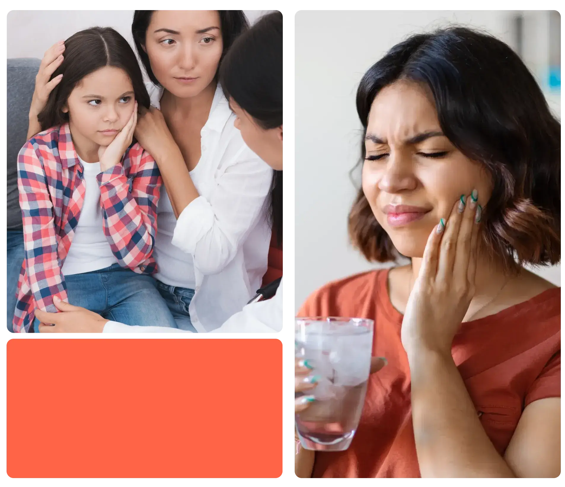 Collage of child in dental pain surrounded by her parents due to dental emergency and woman in pain